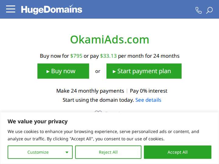 OkamiAds website preview