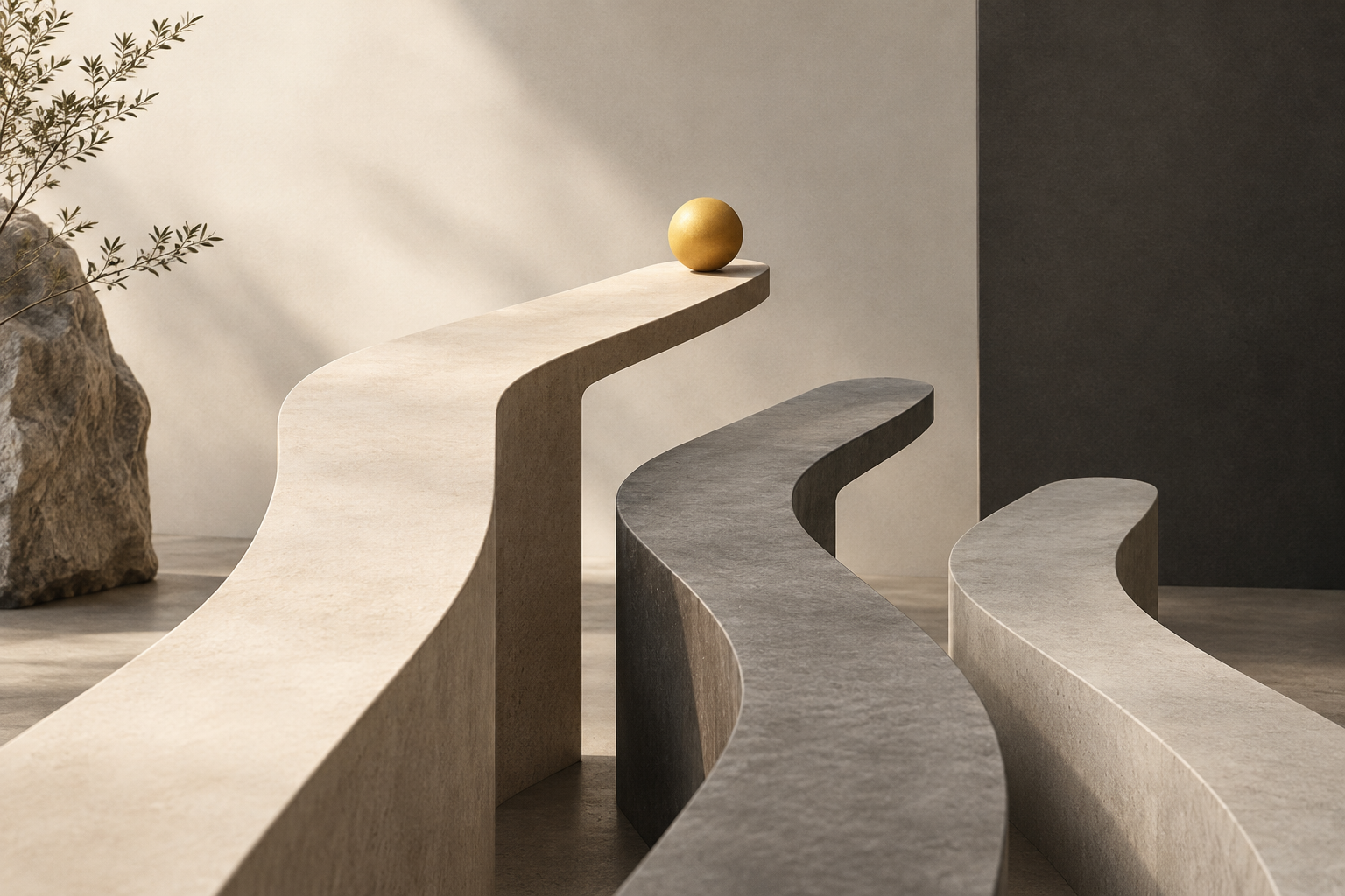 Abstract editorial still life showing three neutral pathways, with the first pathway visually leading.